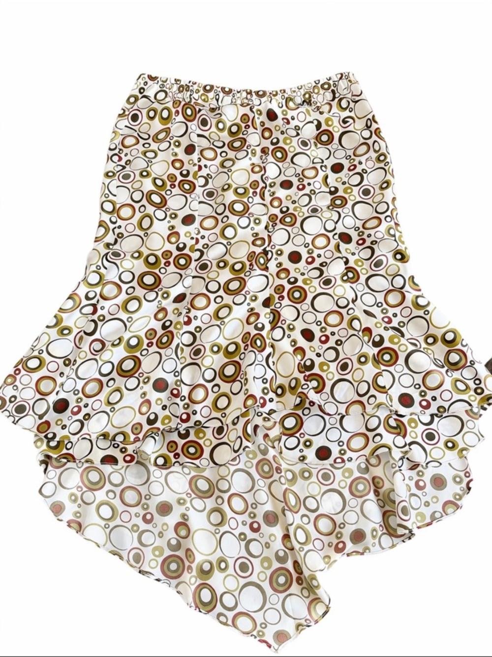 Donna Vinci High Low Midi Skirt Retro Circle Print Ruffle Hem Cream Multi